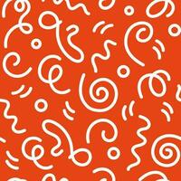 Doodle 90s style seamless pattern on orange background with kid squiggles. Flat vector retro illustration. Swirl pattern