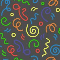 Doodle 90s style seamless pattern on dark background with kid multicolor squiggles. Flat vector retro illustration