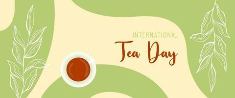 Tea Day green banner in boho style with tea mug , International Tea Day, botanical doodle leaves. vector