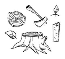 Chopping of log on stump. Illustration with wood logs, stump and axe. Linear drawing. Vector illustrations in doodle style.