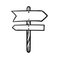 Wooden direction indicator with arrow. Equipment installed in the forest to help tourists. Vector hand drawn illustrations in doodle style.