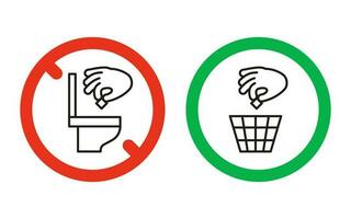 Rule take out rubbish in basket but not in toilet pan, prohibition warning sign. Do not throw garbage in toilet. Can throw rubbish into trash can. Problem of planet pollution, clean. Vector