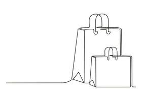 Shopping paper bag with handle, template copy space continuous line art drawing. Craft paper pack for gift, food, item. Packet, retail package. Take Away. Black linear sketch, single one line. Vector