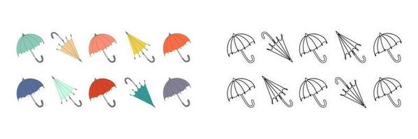 vector illustration coloring book set of colorful retro umbrellas. An outline black and white drawing and a color version for an example