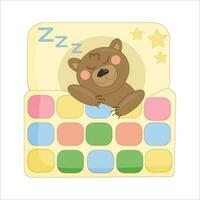 vector illustration brown baby cartoon bear sleeping under a patchwork quilt blanket in bed