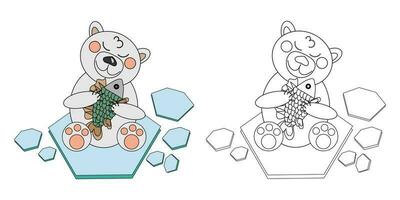 Vector illustration coloring book a polar bear cub with a fish on an ice floe. An outline black and white drawing and a color version for an example