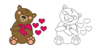 Vector illustration coloring book brown teddy bear with hearts. An outline black and white drawing and a color version for an example