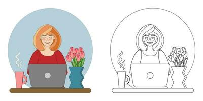 vector illustration coloring book a young woman working on a laptop at a table with flowers and a cup of tea. An outline black and white drawing and a color version for an example