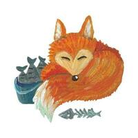 vector illustration of a sleeping cartoon fox with a bucket of fish. Acrylic drawing