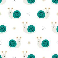 Seamless pattern with cute snail and flowers. For card, posters, banners, books, printing on the pack, clothes, fabric, wallpaper, textile or dishes. vector