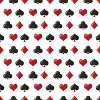 Seamless pattern, playing symbols of hearts, spades, diamonds, clubs on a white background. Casino background, vector