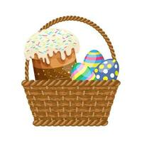 Wicker basket with Easter cakes and Easter eggs. Colorful easter illustration, greeting card, vector