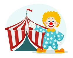 Cheerful clown invites to the circus. Cute clown and circus big top. Colorful cartoon illustration, vector