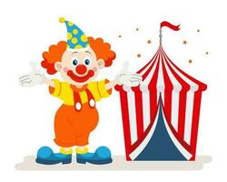 Cheerful clown invites to the circus. Cute clown and circus big top. Colorful cartoon illustration, vector