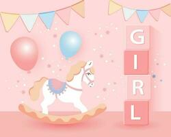 3D baby shower for girls. Children's toys, rocking horse and balloons in pastel colors on a starry background. Game room background, vector