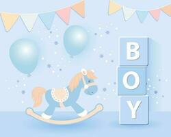 3D baby shower for boys. Children's toys, rocking horse and balloons in pastel colors on a starry background. Game room background, vector
