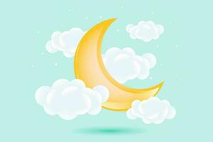 3d baby shower, waxing moon with clouds on a soft green background, childish design in pastel colors. Background, illustration, vector