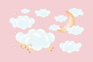 3d bebé ducha. oveja dormir en un nube con un creciente Luna con nubes en un rosado antecedentes. para niños diseño en pastel colores. fondo, ilustración, vector. vector