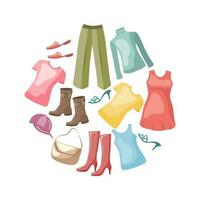 Various women's clothing and shoes in a circle. Illustration, icons, vector. vector