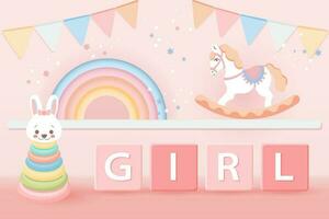 3D baby shower for girls. Children's toys rainbow, pyramid and rocking horse in pastel colors on a starry background. Game room background, modern design, vector