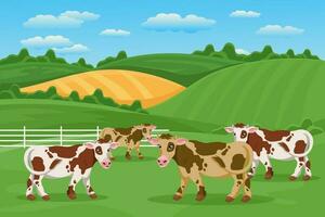 Cute spotted cows in the pasture, summer landscape. A herd of cows is grazing in the meadow. Poster, banner, illustration, vector