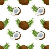 Seamless pattern, coconuts, twigs, coconut halves and pieces on a white background. Tropical background, print, textile, wallpaper, vector