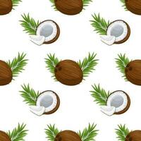 Seamless pattern, coconuts, twigs, coconut halves and pieces on a white background. Tropical background, print, textile, wallpaper, vector