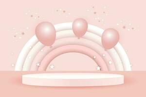 3d bebé ducha, arco iris y podio con globos y estrellas en un pálido rosado fondo, infantil diseño en pastel colores. fondo, ilustración, vector. vector