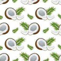 Seamless pattern, coconuts, twigs, coconut halves and pieces on a white background. Tropical background, print, textile, wallpaper, vector