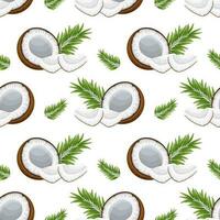 Seamless pattern, coconuts, twigs, coconut halves and pieces on a white background. Tropical background, print, textile, wallpaper, vector
