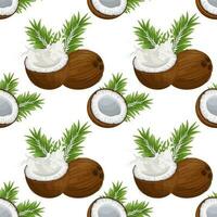 Seamless pattern, coconuts, coconut halves with milk splash and palm leaves. Tropical background, print, textile, wallpaper, vector