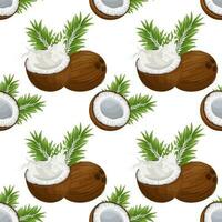 Seamless pattern, coconuts, coconut halves with milk splash and palm leaves. Tropical background, print, textile, wallpaper, vector