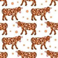 Seamless pattern, cute cows in flowers . Background, Cartoon illustration, vector