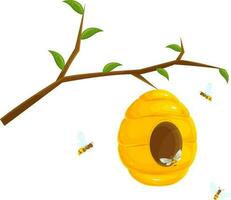 vector illustration of a bee hive on a branch, wild bees, a house of bees on a tree, flying around