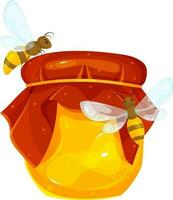 vector illustration of a jar of honey, bees sitting on a glass jar of honey, flying around