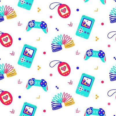Colorful trendy seamless pattern with 80s-90s elements on white background.