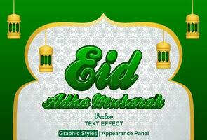 eid adha mubarak text effect with green color graphic style and editable. vector