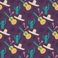 Vector seamless Viva Mexica pattern. Mexican cultural background with sombrero, cactus, guitar and maracas.