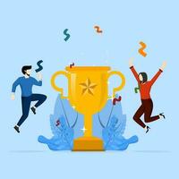 award concept, Recognition of a proud employee or worker of the month business concept flat style design vector illustration. Young adults jump in the air with trophies.