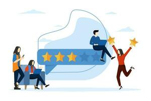 Concept of reputation and quality and rating. Five star rating. The client chooses the level of satisfaction. Customer giving feedback on laptop, man holding review star above his head. vector