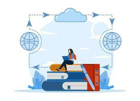 women learn from anywhere with future cloud computing technology. more efficient education with distance learning. vector illustration Designed for websites, web, apps, posters, banners