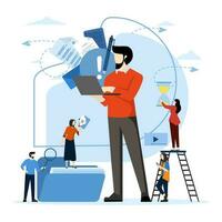 Small people help big people at work. Manager at remote workplace, looking for new ideas, solutions, working together in company, brainstorming, Vector illustration on white background.