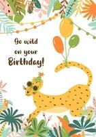 Jungle birthday card leopard. Leopard birthday. Bright wild birthday template banner. Jungle party invitation. Wild party vector illustration. Green tropical palm leaves frame border. Safari design.