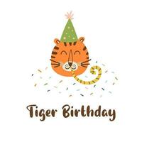 Tiger birthday logo. Jungle birthday party graphic element. Cute wild cat in festive hat with party whistle. Hand drawn tiger face isolated on white. Kids vector illustration. Decorative wild animal.