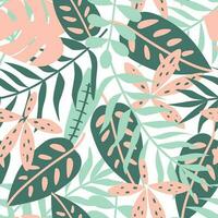 selva hojas modelo. grande tropical hojas sin costura modelo. verde y rosado selva plantas fondo de pantalla. naturaleza verano antecedentes. selva vector ilustración. mano dibujado textura. botánica impresión.