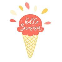 Hola verano concepto letras conjunto de saludo tarjeta antecedentes con contento hielo crema. linda paleta de hielo playa fiesta invitación o tipografía póster impresión firmar logo verano símbolo vector ilustración