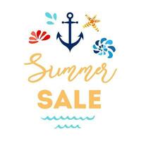 Summer sale shopping logo badge vector set Store summertime hand drawn sea style logotypes Summer sale hand painted seashell seastar anchor Design for posters, banners, prints, logo, labels print icon