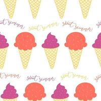 Summer seamless pattern with ice cream text sweet summer on white Wrapping paper fabric wallpaper cover wrap textile printable wrap fabric web background sweet food dessert design. Vector illustration