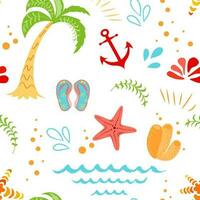 Seamless vector summer vacation pattern hand drawn palm tree seastar anchor summer colors on white background Cute funny design template for wallpaper textures fabric textile package design wrap cloth