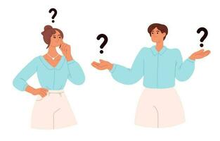 People thinking over question. Girl problems, person doubt, asking. Flat vector illustration